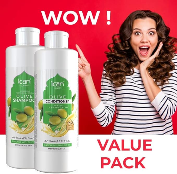 Ican London Moroccan Olive Oil Enriched Anti-Dandruff, Itch Relief Formula Shampoo & Conditioner DUO PACK 500ml Each