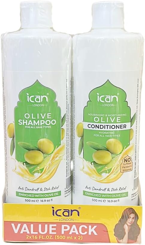 Ican London Moroccan Olive Oil Enriched Anti-Dandruff, Itch Relief Formula Shampoo & Conditioner DUO PACK 500ml Each