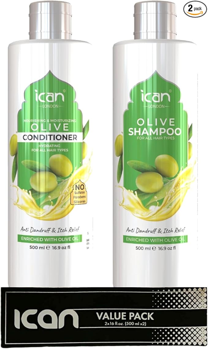 Ican London Moroccan Olive Oil Enriched Anti-Dandruff, Itch Relief Formula Shampoo & Conditioner DUO PACK 500ml Each